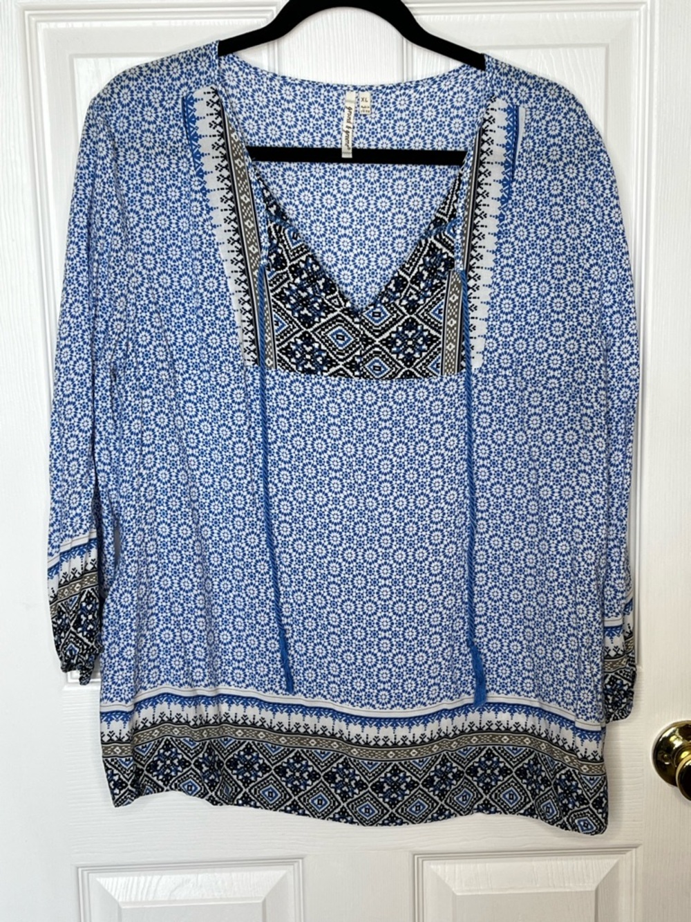 Grand & Greene Blue White Peasant Blouse V-Neck Boho XL